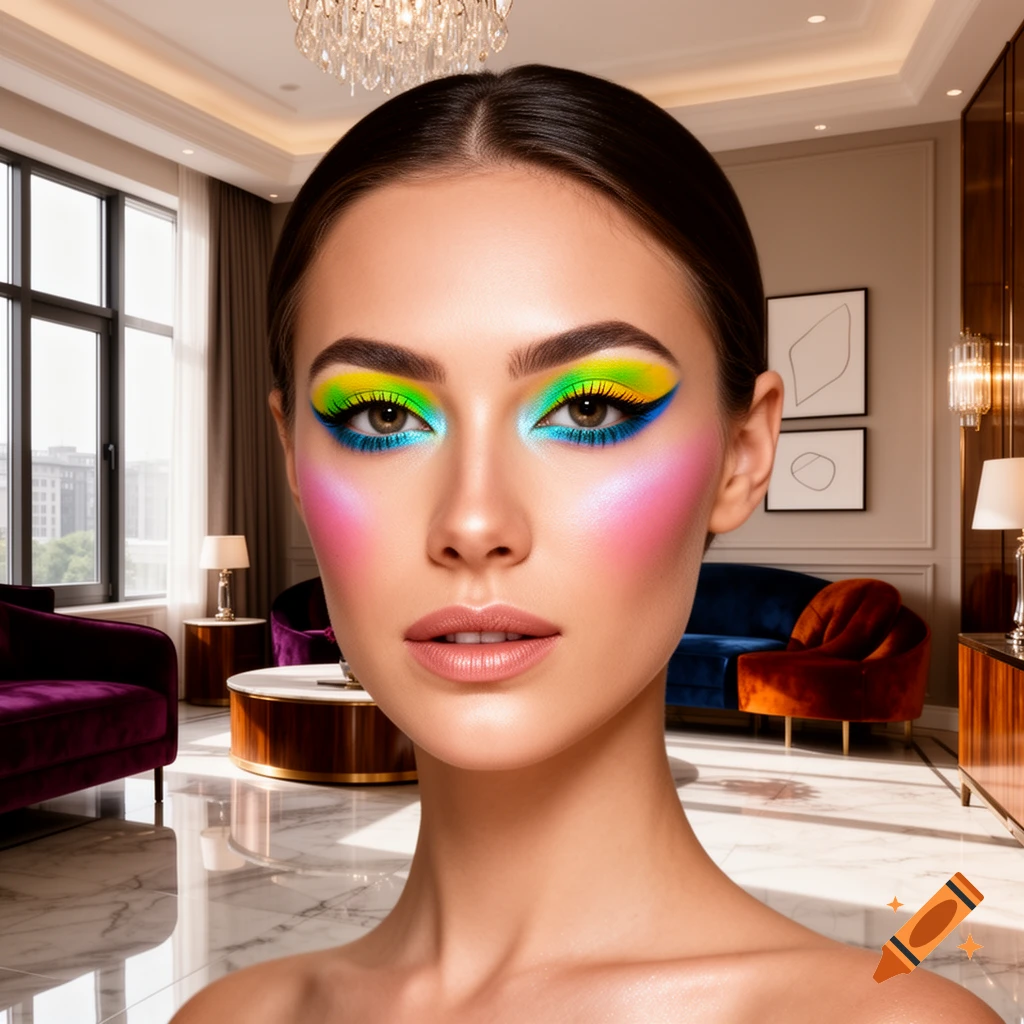 A woman with vibrant yellow, blue, and green smokey eye makeup and pink blush in an elegant room.