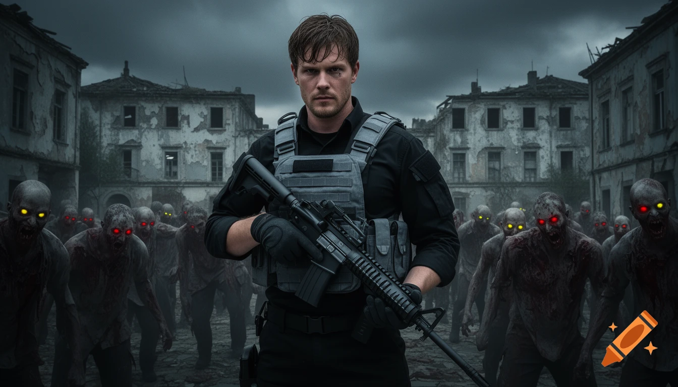 A photorealistic man in tactical gear holds a rifle, surrounded by a horde of glowing-eyed zombies in a ruined town square.