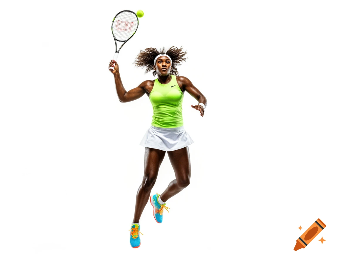 Photorealistic image of a female tennis player in a neon green top and white skirt, jumping to serve on a white background.