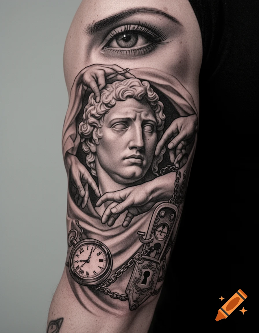 Black and white tattoo on an arm featuring a classical male bust, hands, a feminine eye, a pocket watch, a lock, and chains.