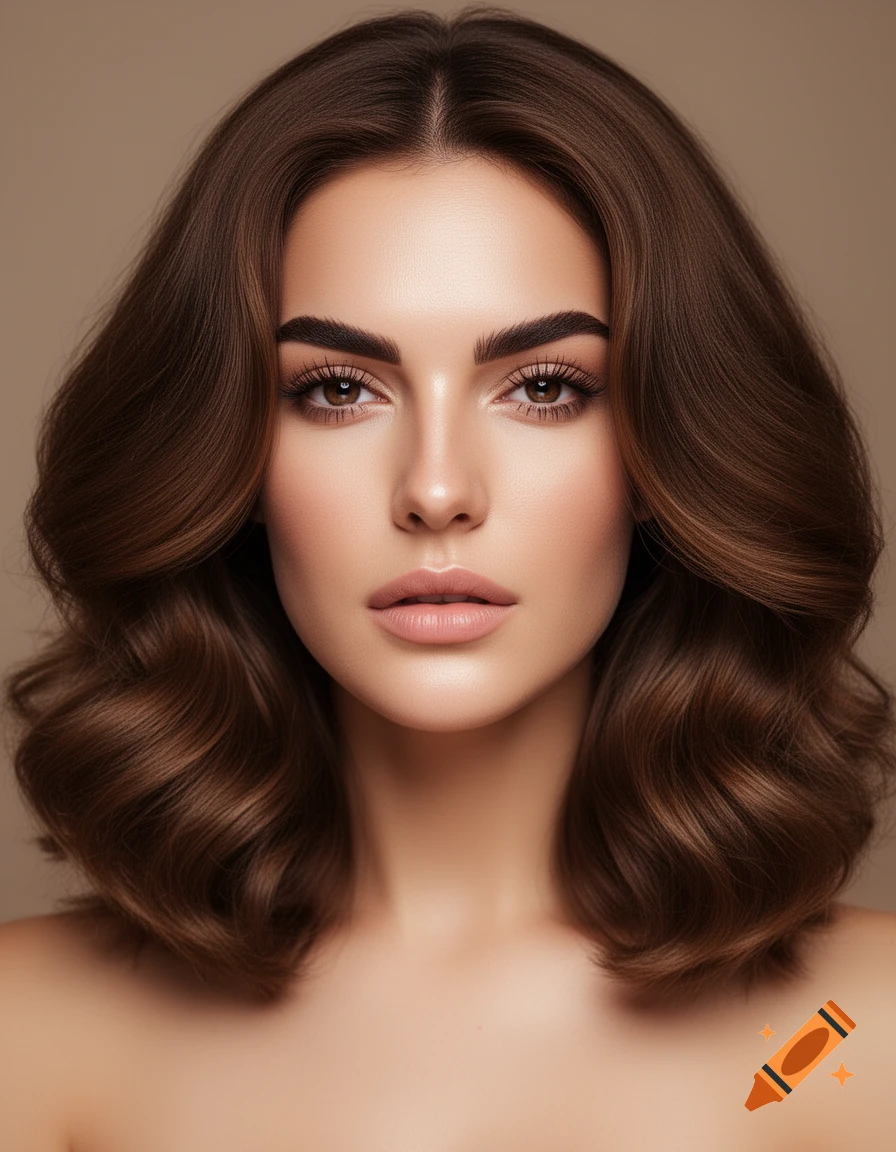 Close-up portrait of a woman with brown wavy shoulder-length hair, dark eyebrows, and a natural makeup look, against a beige background.