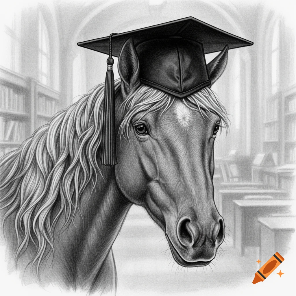Black and white drawing of a horse wearing a graduation cap in a library.