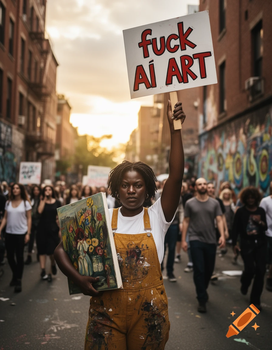 A Black woman in paint-splattered overalls holds a painting and a sign reading "fuck Ai ART" during a protest in an urban street.