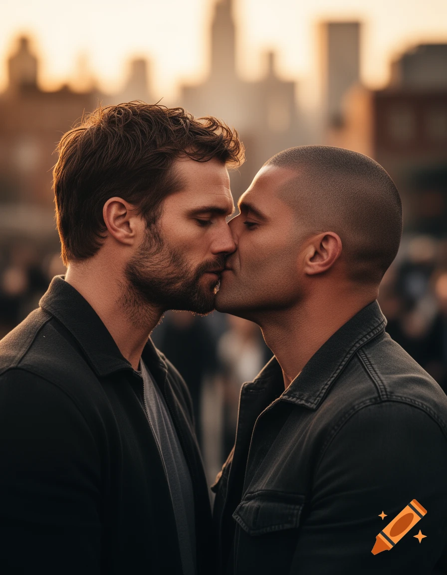 Two men kissing intimately, bathed in golden light, with a blurred city skyline in the background at sunset.