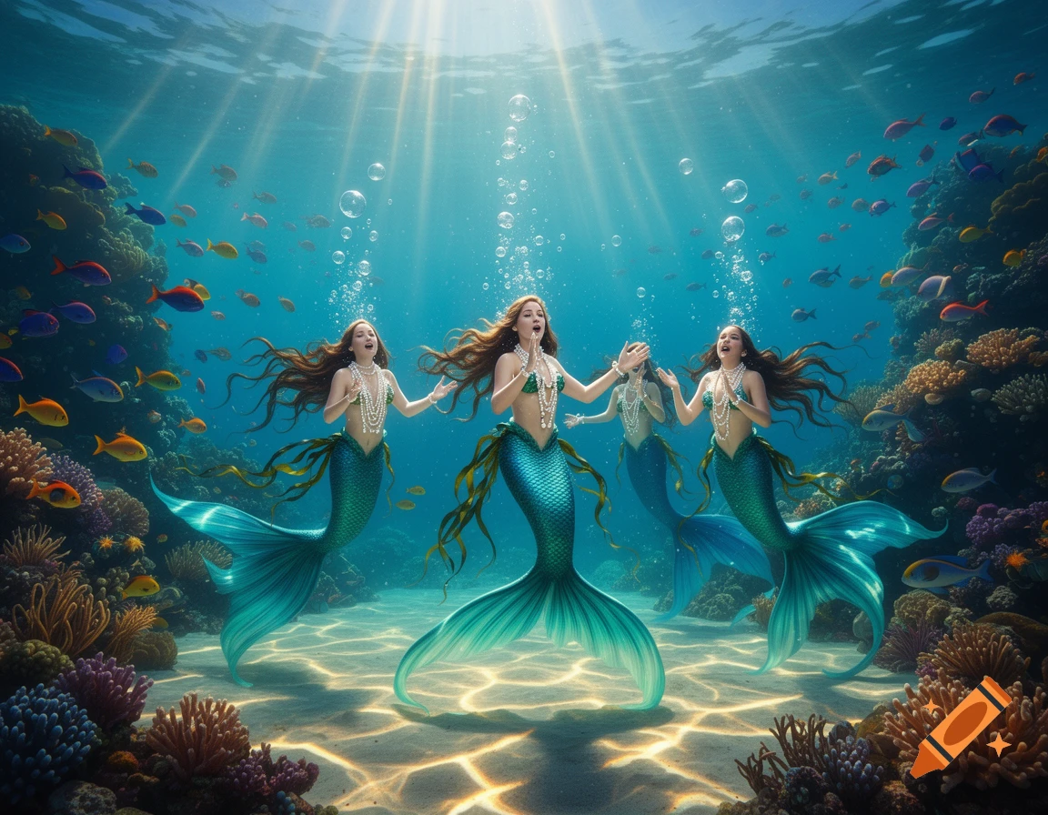 Four mermaids with long brown hair and teal tails sing underwater amidst a vibrant coral reef, with sunbeams piercing the surface.