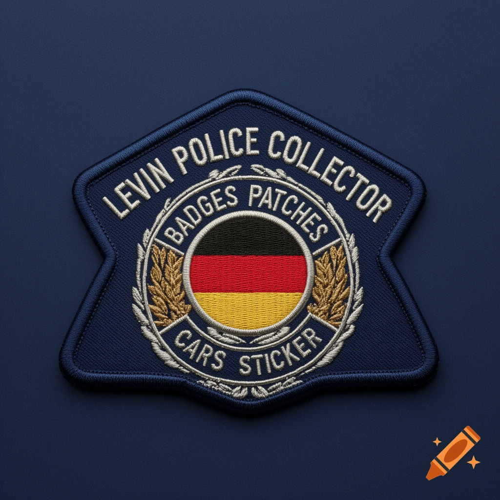 A close-up of a blue embroidered police collector patch with white text "LEVIN POLICE COLLECTOR" and "BADGES PATCHES CARS STICKER" encircling a German flag in the center.