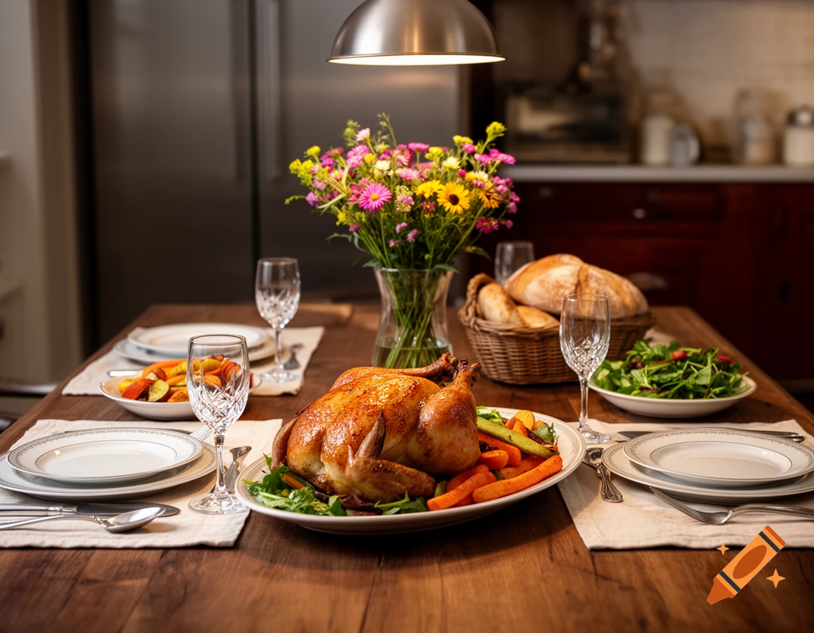 A photorealistic roasted chicken dinner with vegetables, salad, and bread on a wooden table with place settings and a flower bouquet in a kitchen.