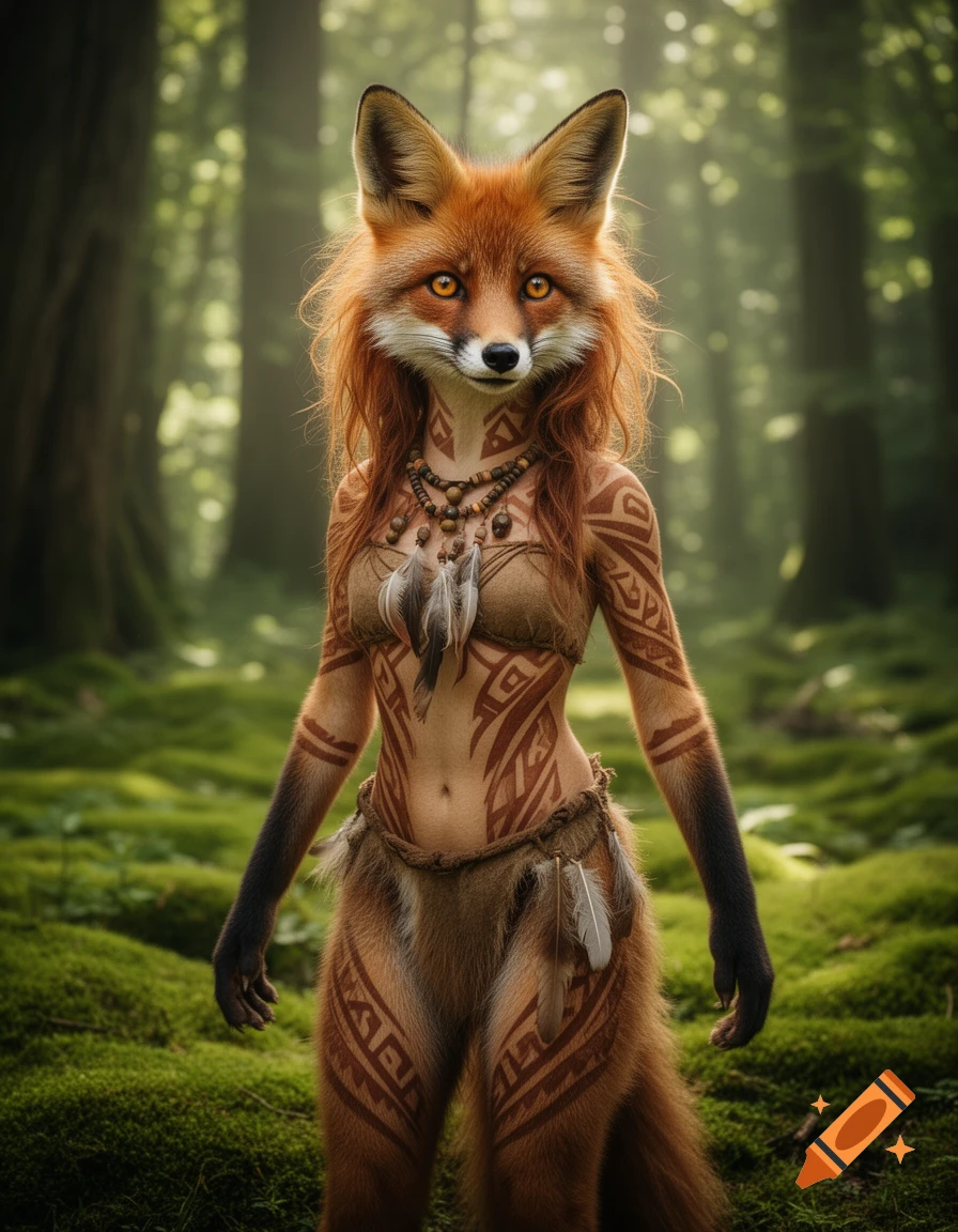 Photorealistic tribal fox girl with red hair and patterned body art, wearing a fur and feather outfit, standing in a lush green forest.