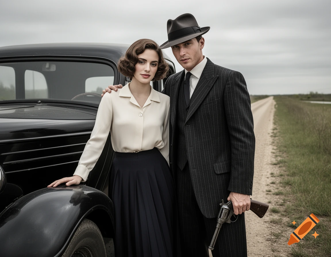 Photorealistic image of a man in a pinstripe suit and fedora holding a revolver, with a woman in a cream blouse and black skirt, standing next to a vintage car on a dirt road.
