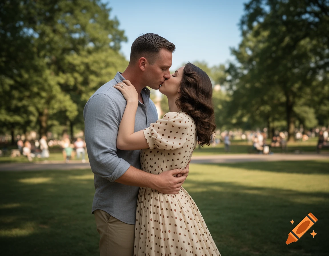 A photorealistic image of a man and woman embracing and kissing in a sunny park with green grass and trees.