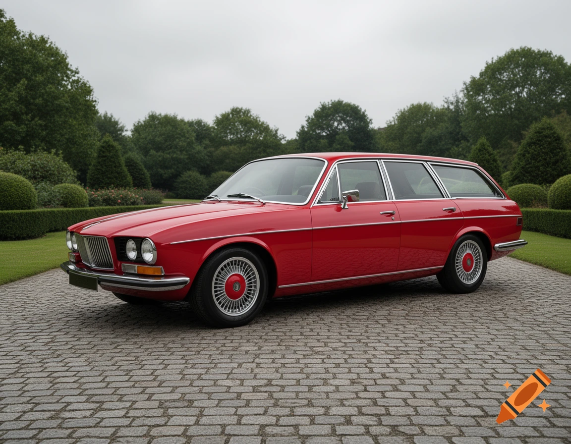 A red 1970s or 1980s style station wagon parked on a cobblestone driveway with green trees in the background.
