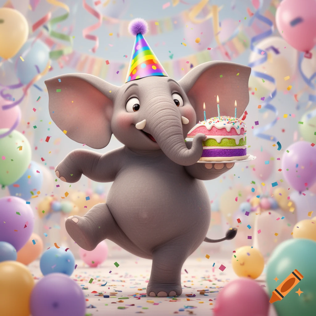 A goofy 3D cartoon elephant wearing a rainbow party hat, holding a colorful birthday cake with candles, dancing amidst balloons and confetti.