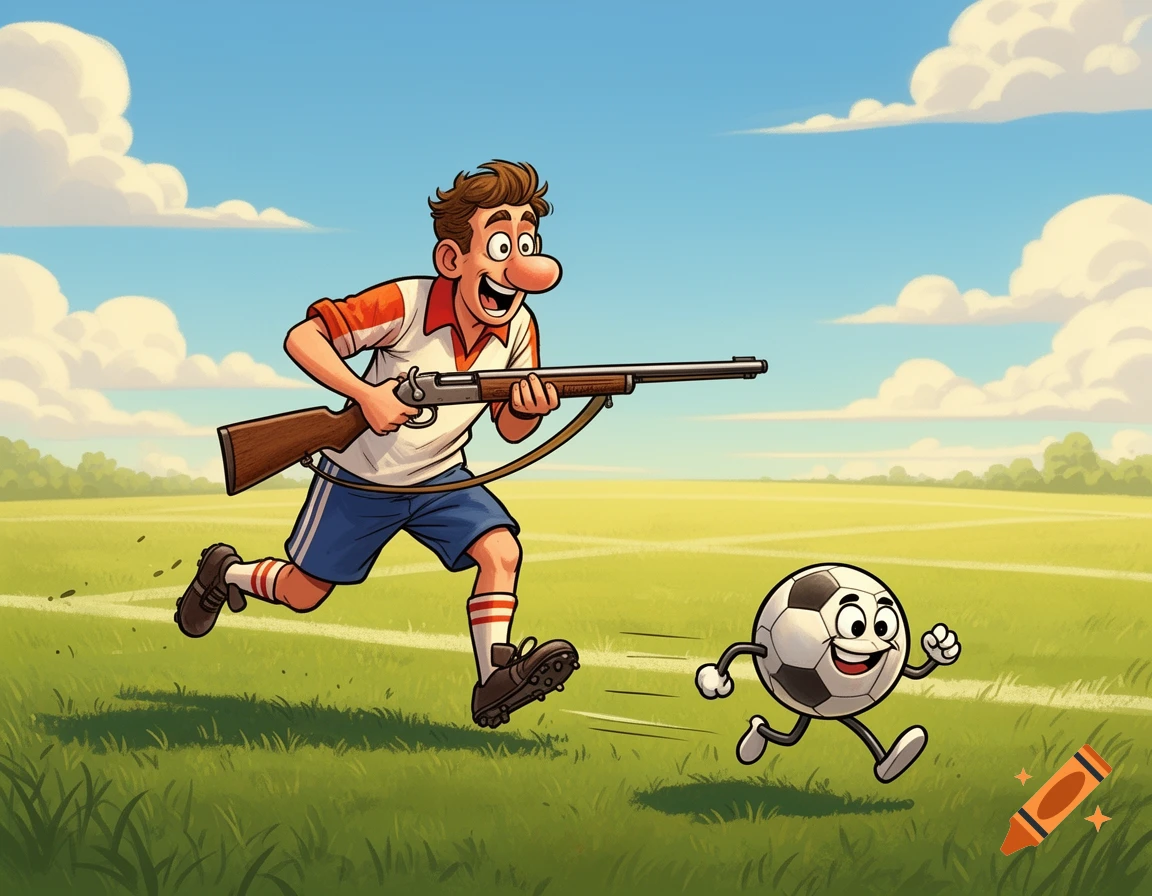 A cartoon man with a rifle runs on a sunny soccer field, happily chasing a smiling, animated soccer ball.