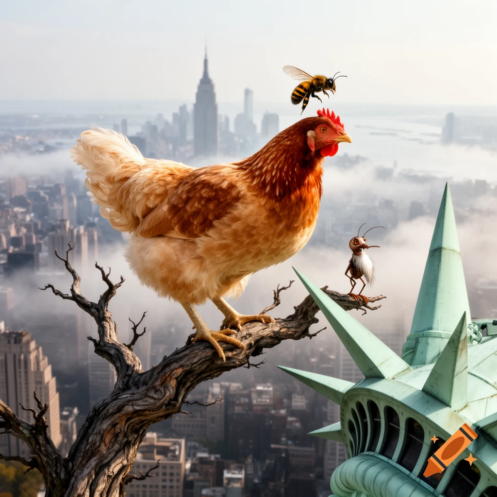 A giant chicken with a bee on its head perches on a tree branch on the Statue of Liberty's crown. A flea with a goatee stands on a lower branch, overlooking a foggy New York City.
