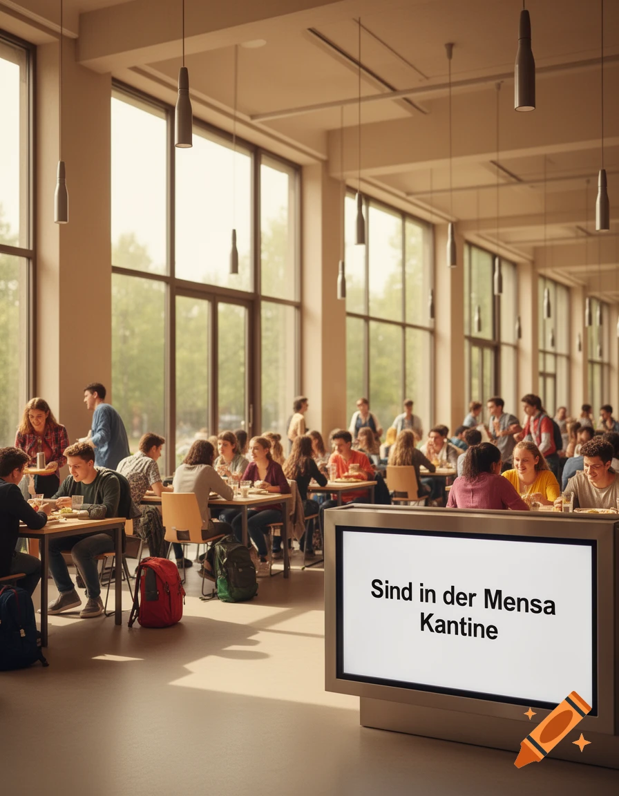 A busy school cafeteria with students eating at tables, bathed in natural light, and a large screen displaying "Sind in der Mensa Kantine" in the foreground.