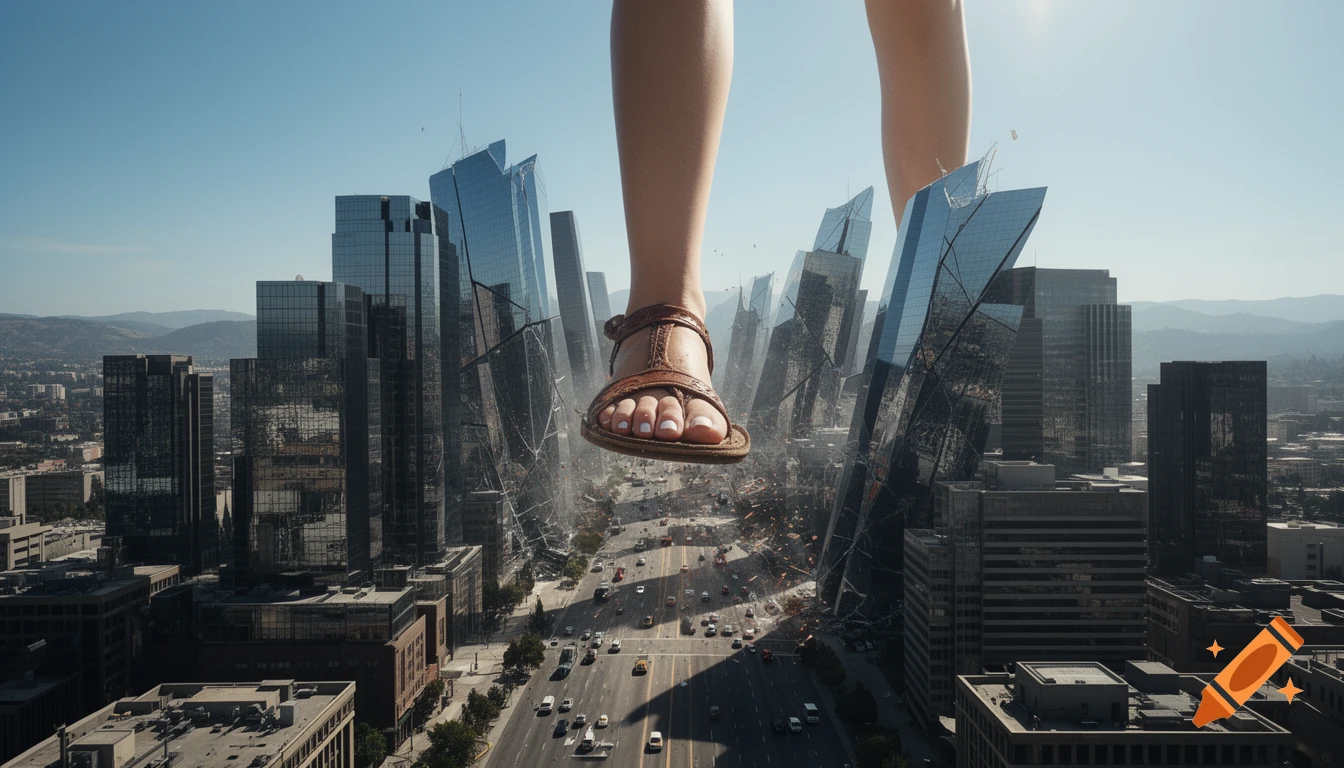 A giant foot in a sandal steps onto a modern city, causing skyscrapers to shatter and streets to crack.