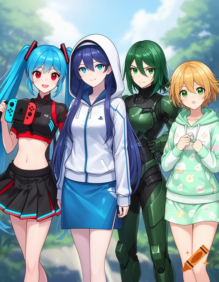Four anime girls personifying video game consoles: red-haired Nintendo Switch with controllers, blue-haired PlayStation with logo hoodie, green-haired Xbox Series X in armor, and blonde Xbox Series S with logo hoodie.