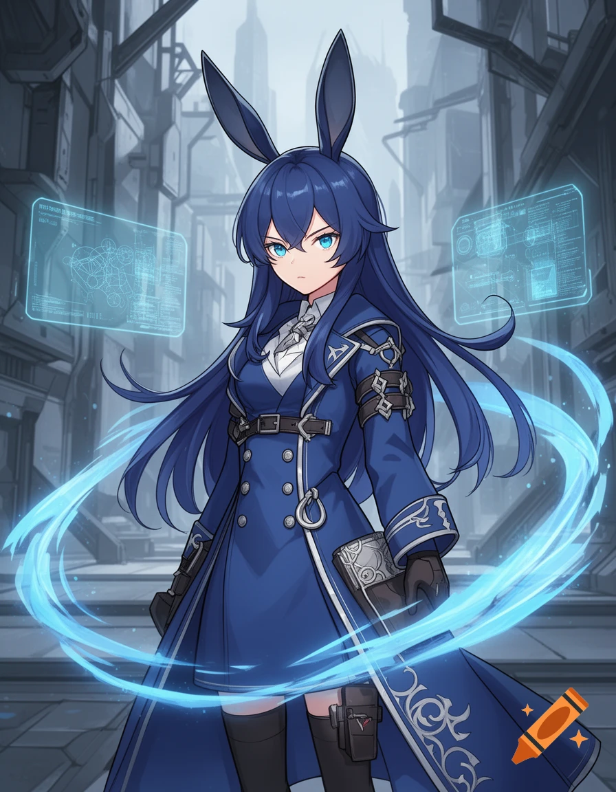 An anime girl with long blue hair, bunny ears, and a blue trench coat stands in a futuristic city, surrounded by blue energy and holographic screens.