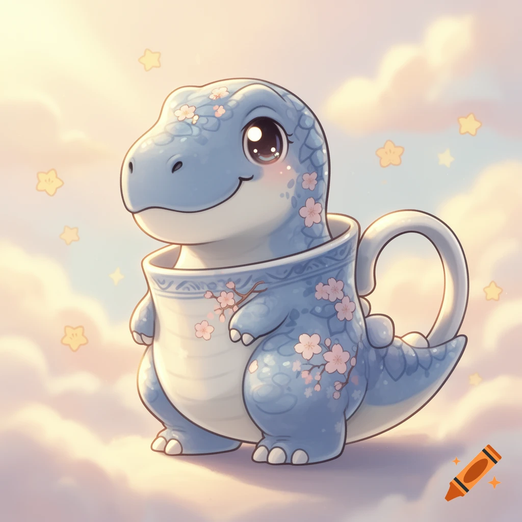 A kawaii T-rex with a blue and white tea mug body adorned with cherry blossoms, stands smiling in fluffy clouds under a pastel sky with stars.