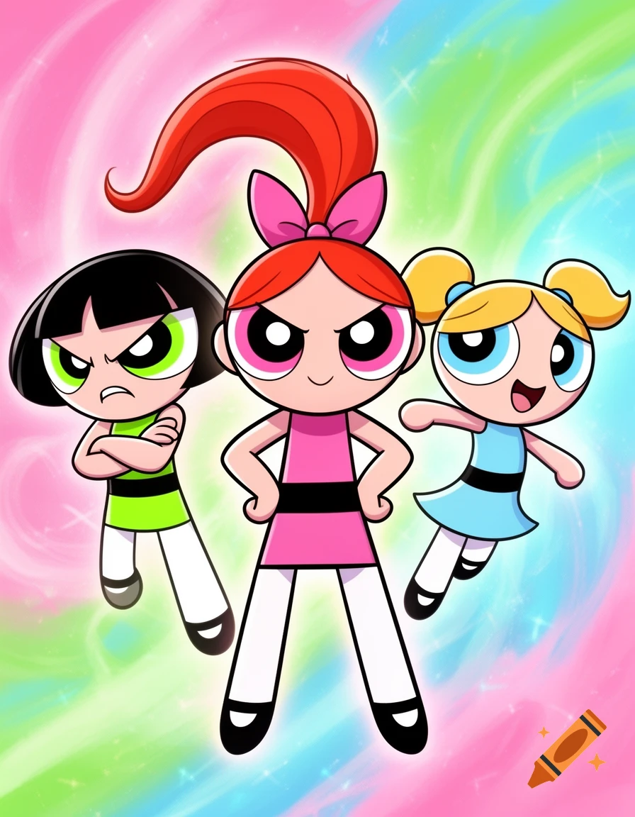 Blossom, Buttercup, and Bubbles from Powerpuff Girls stand against a colorful, swirly background. Blossom has her hands on her hips.