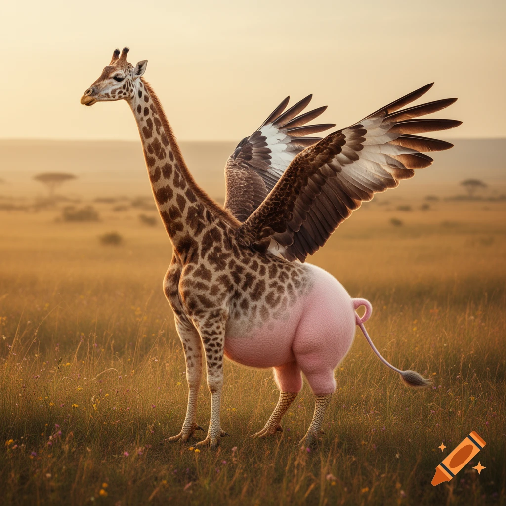 A fantastical creature with a giraffe head, eagle wings, a pink pig body, chicken legs, and a mouse tail stands in a grassy savanna at sunset.