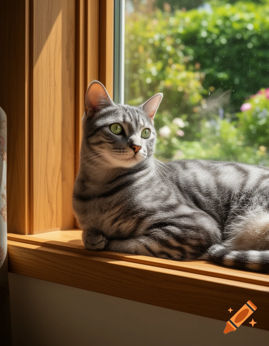 A grey tabby cat with green eyes lies on a sunny wooden windowsill ...
