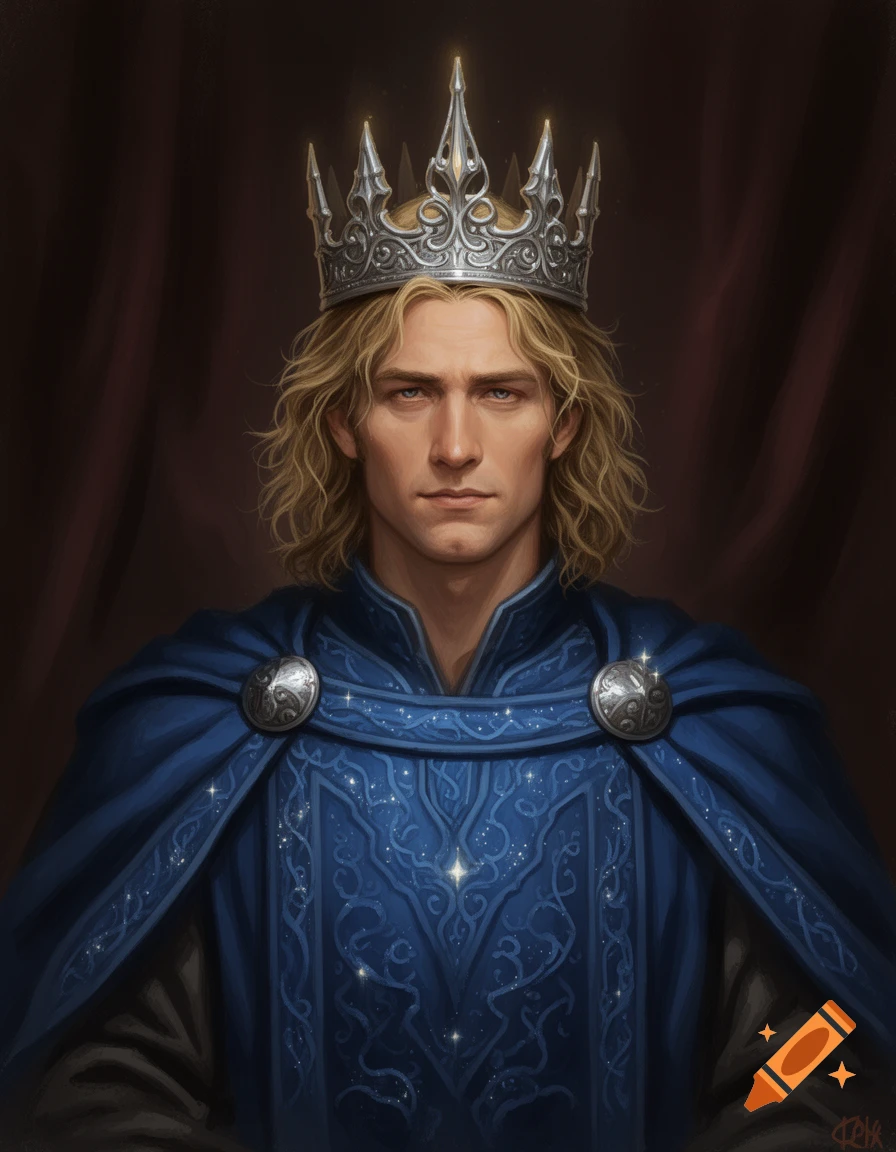 Portrait of a blonde medieval king with a silver crown and a blue, elaborately decorated robe in a painterly style.