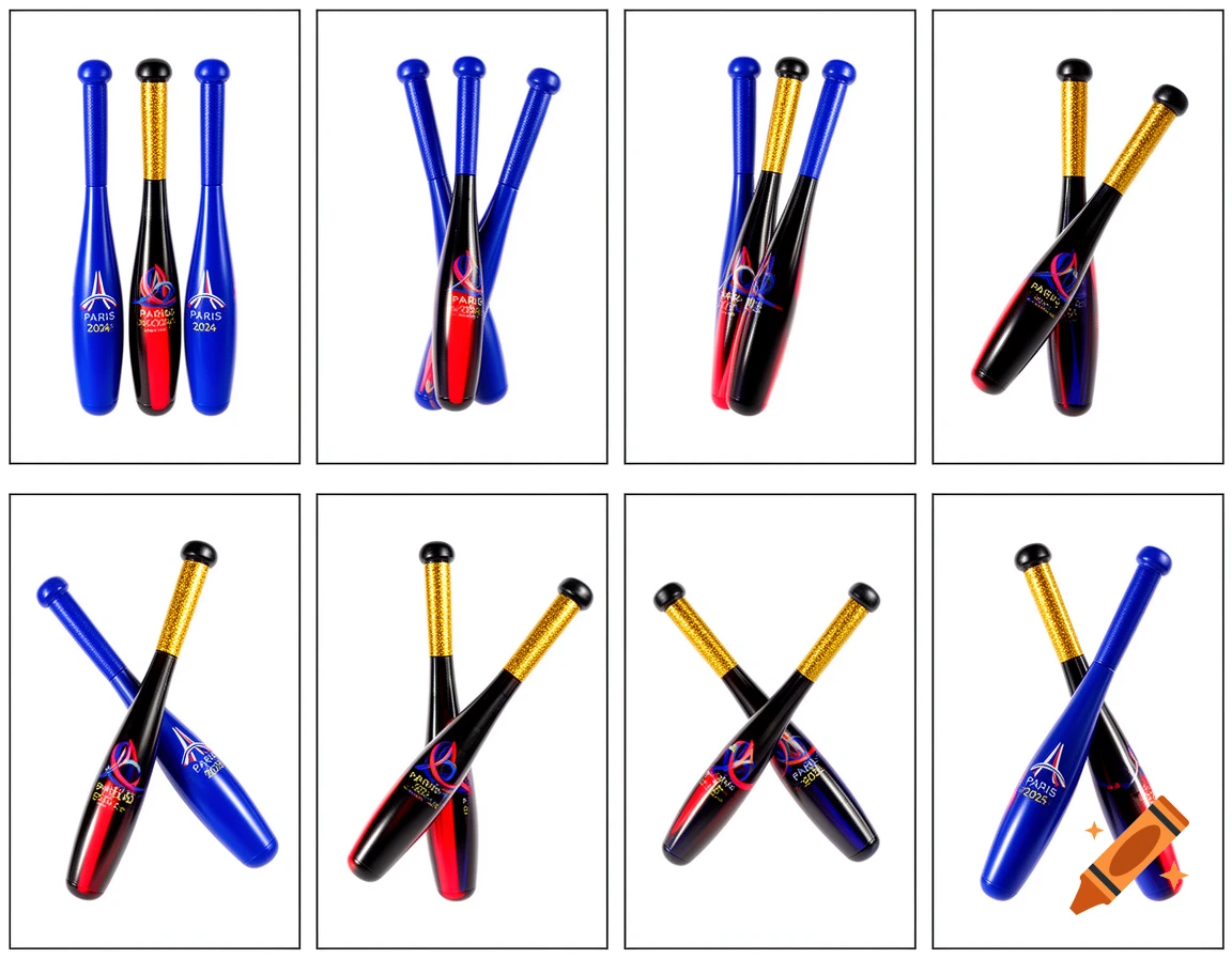 A 2x4 grid of images, each showing a pair of blue and black gymnastics clubs with gold glitter handles, featuring "Paris 2024" branding, arranged in various 2D rotations on a white background.