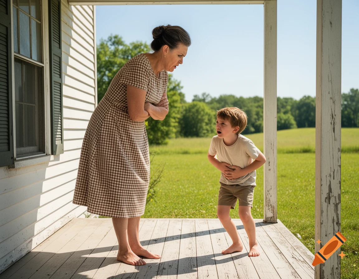 A stern woman looks at a boy clutching his stomach on a wooden porch, with a green field and trees in the background.