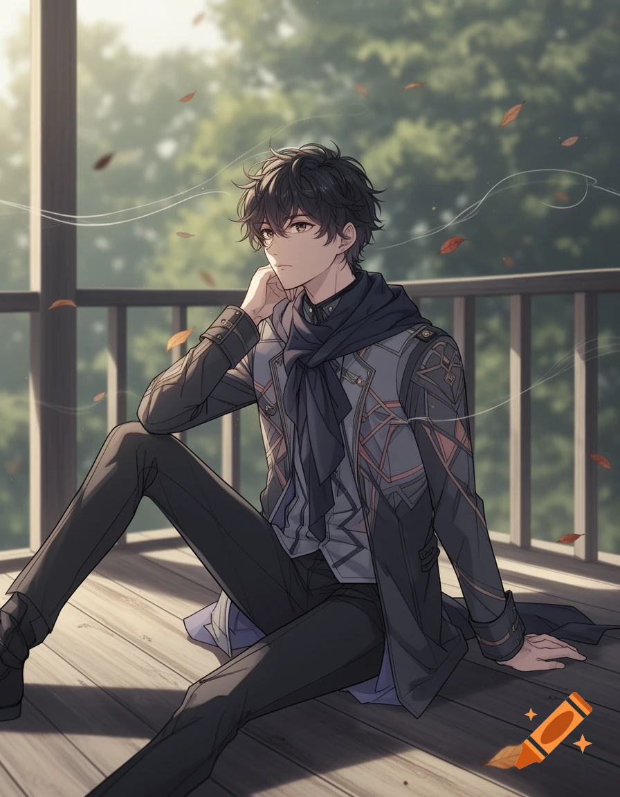 Anime-style illustration of a young man with dark hair in a jacket sitting on a wooden porch, looking contemplative, with autumn leaves falling.