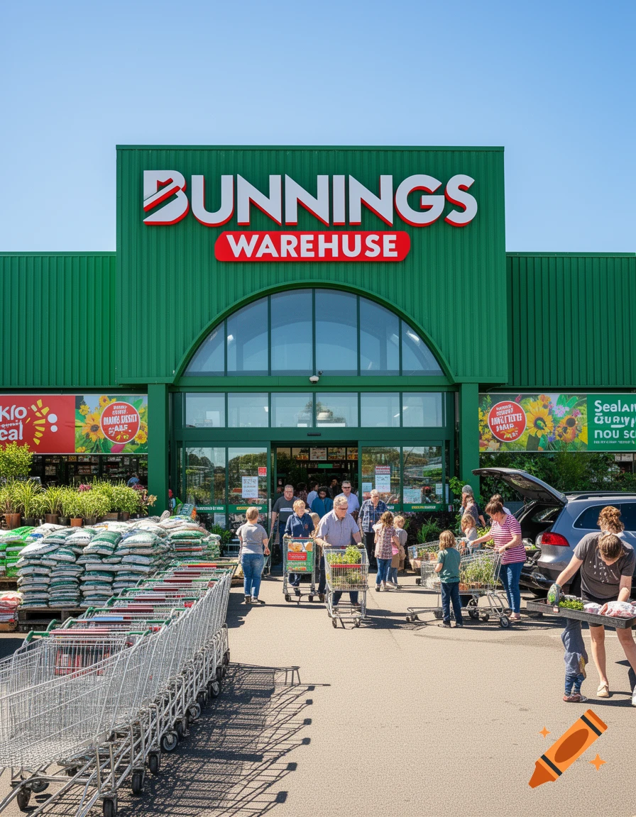 Shoppers enter and exit a large green Bunnings Warehouse store on a sunny day, pushing shopping carts filled with plants and goods.
