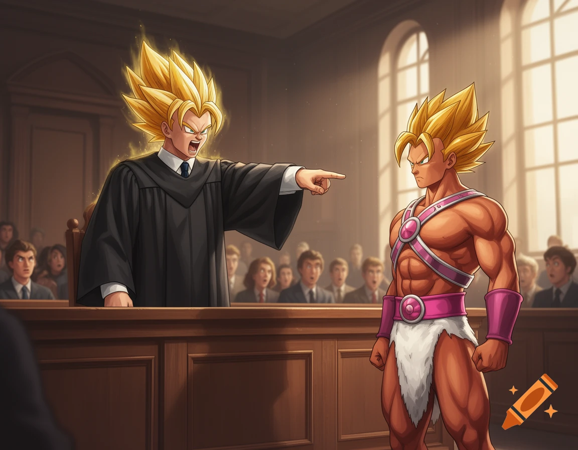 A Super Saiyan judge in a black robe points and yells at a muscular, orange-skinned Super Saiyan character wearing a white loincloth and pink harness in a courtroom.