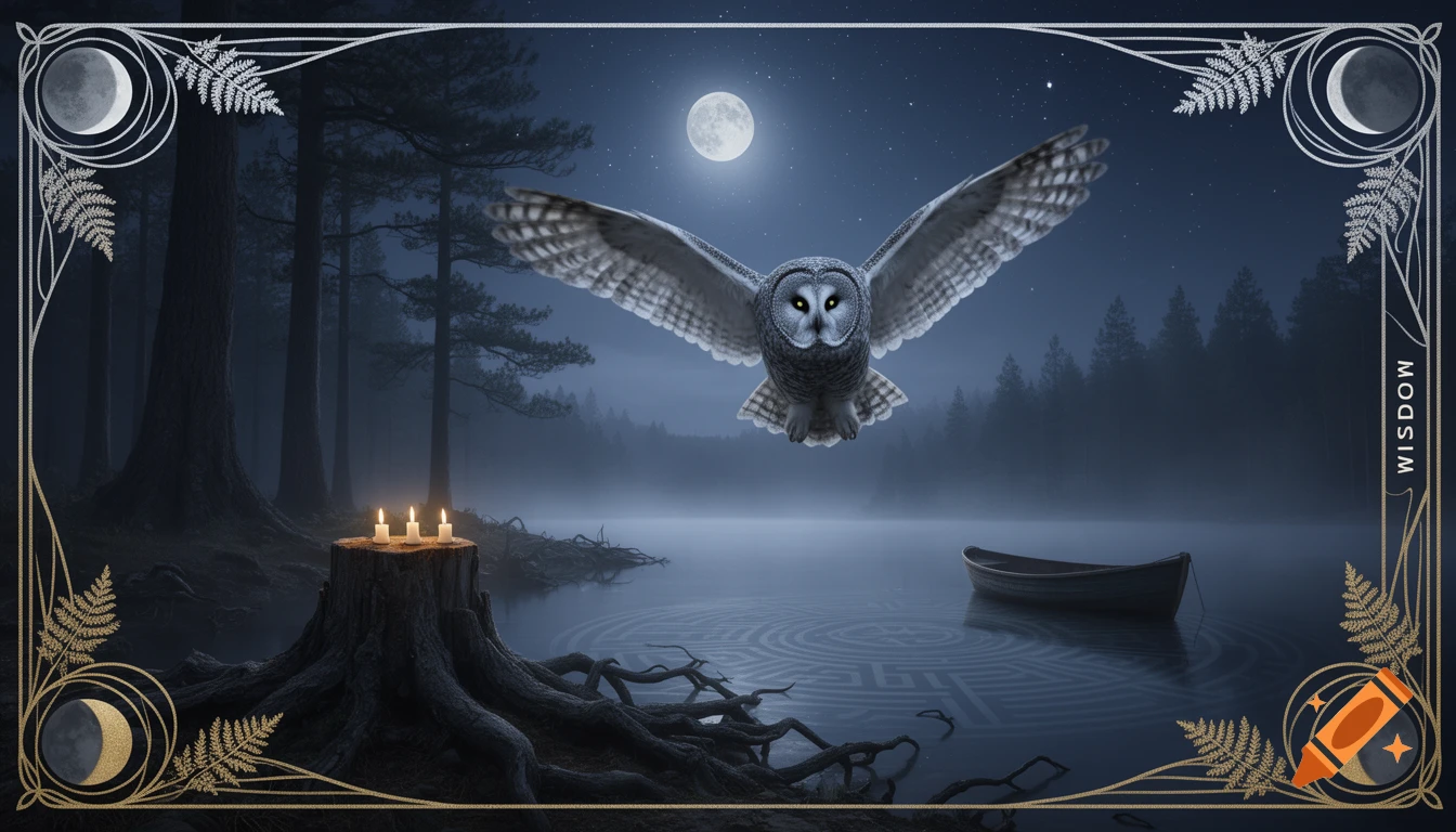 A great gray owl with outstretched wings flies over a misty, moonlit lake with a labyrinth pattern. Candles sit on a tree stump, a boat floats nearby, all framed by an Art Nouveau border with fern fronds, lunar phases, and 'WISDOM' text.