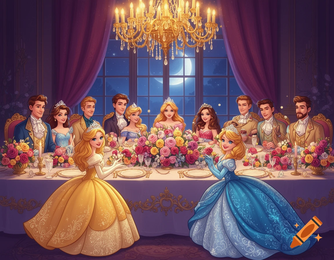 Two princesses in elaborate ballgowns stand before a grand dining table, surrounded by elegantly dressed people and flowers, under a chandelier and moonlit window.
