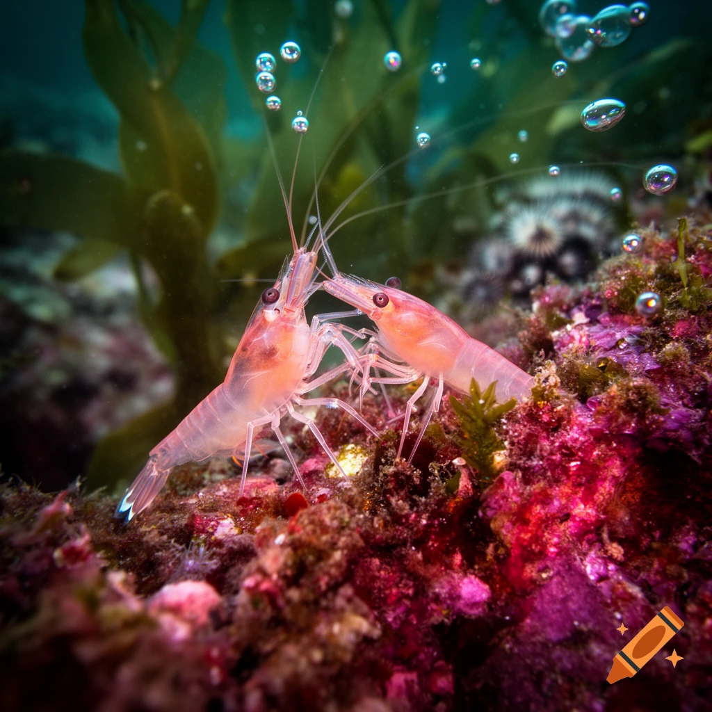 Two pinkish-orange shrimp touch antennae on vibrant red and purple coral, with green kelp and bubbles underwater.