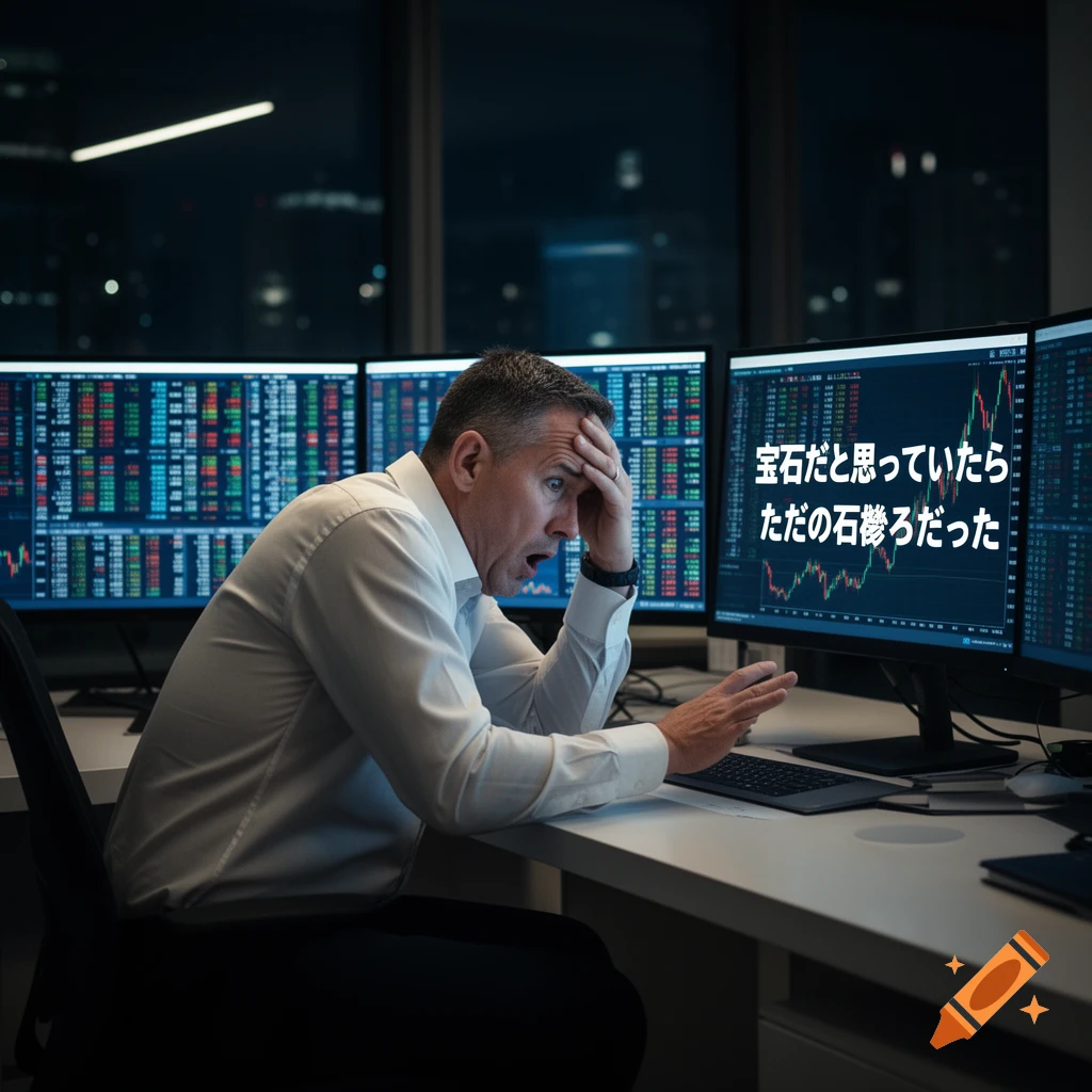 A distressed stock trader looks at multiple computer screens showing financial data and Japanese text, holding his head in shock.