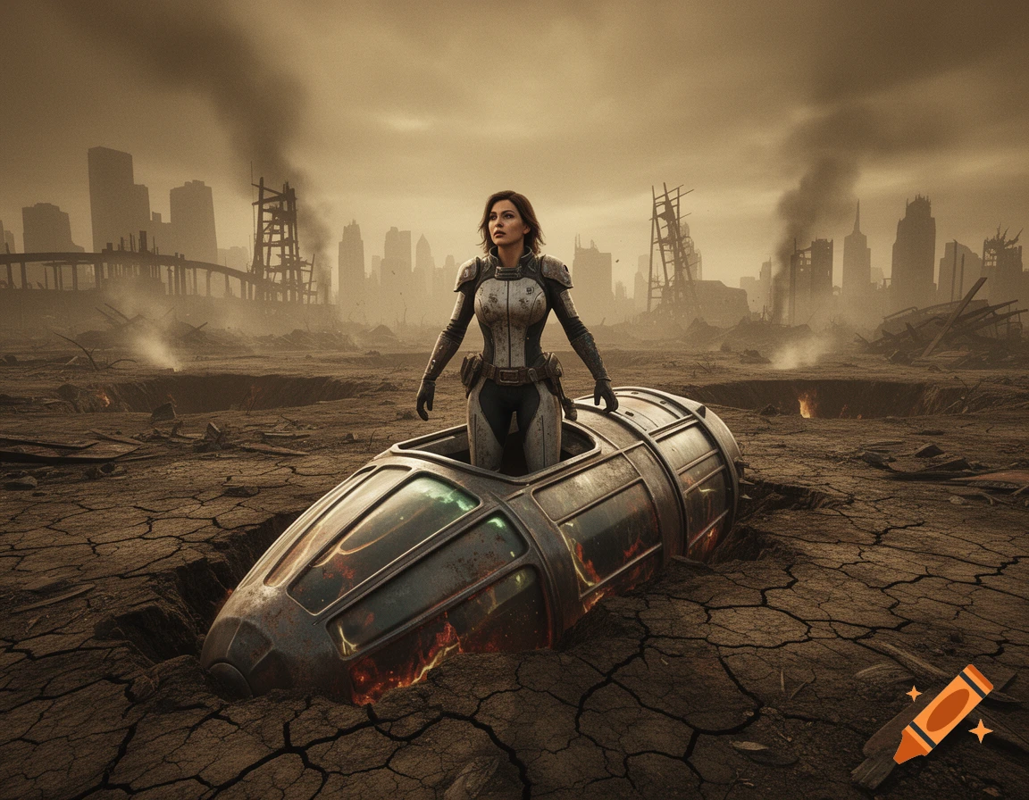 A photorealistic image of a woman in a sci-fi suit emerging from a crashed capsule in a post-apocalyptic, ruined city.