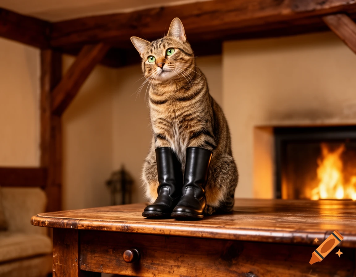 A photorealistic tabby cat with bright green eyes sits on a rustic wooden table, wearing black boots, with a cozy fireplace in the background.