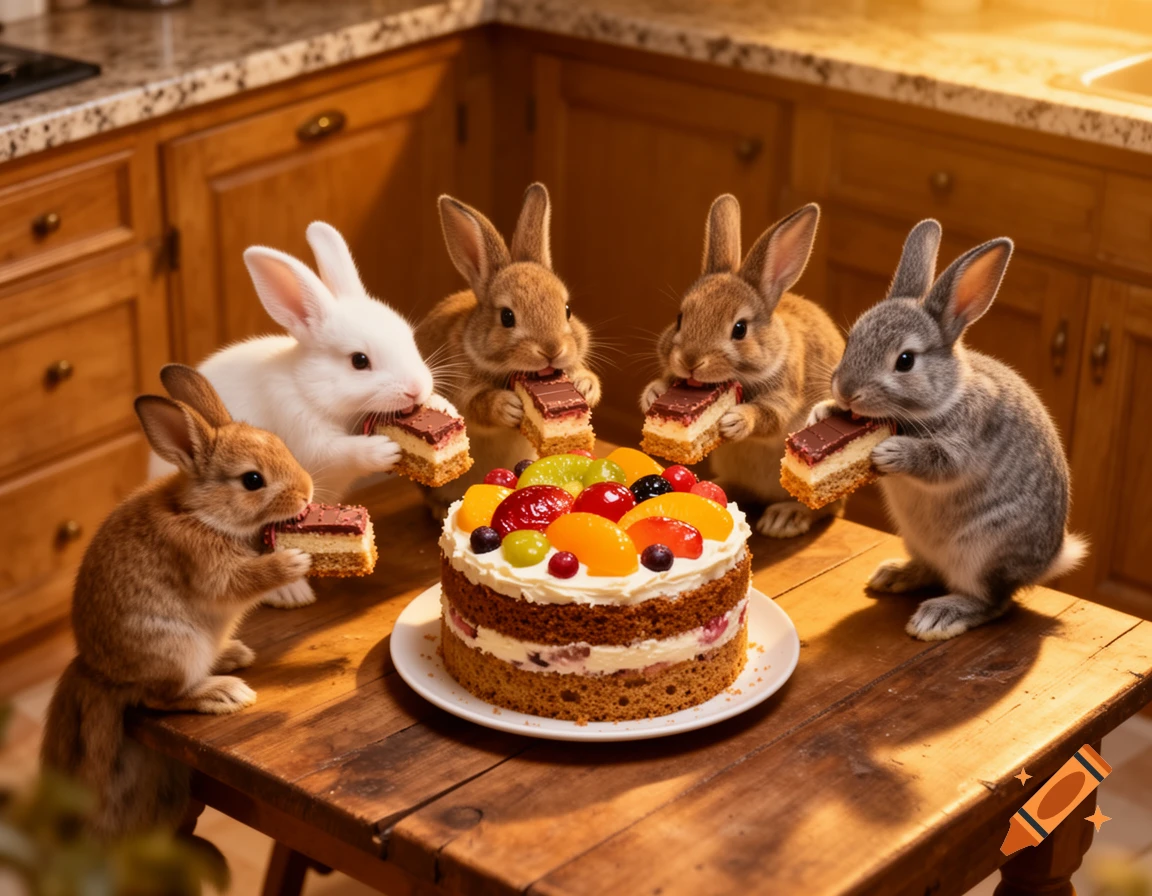 Five adorable rabbits, in various colors, are gathered around a decorated cake on a wooden table in a kitchen, each holding and eating a slice of cake.