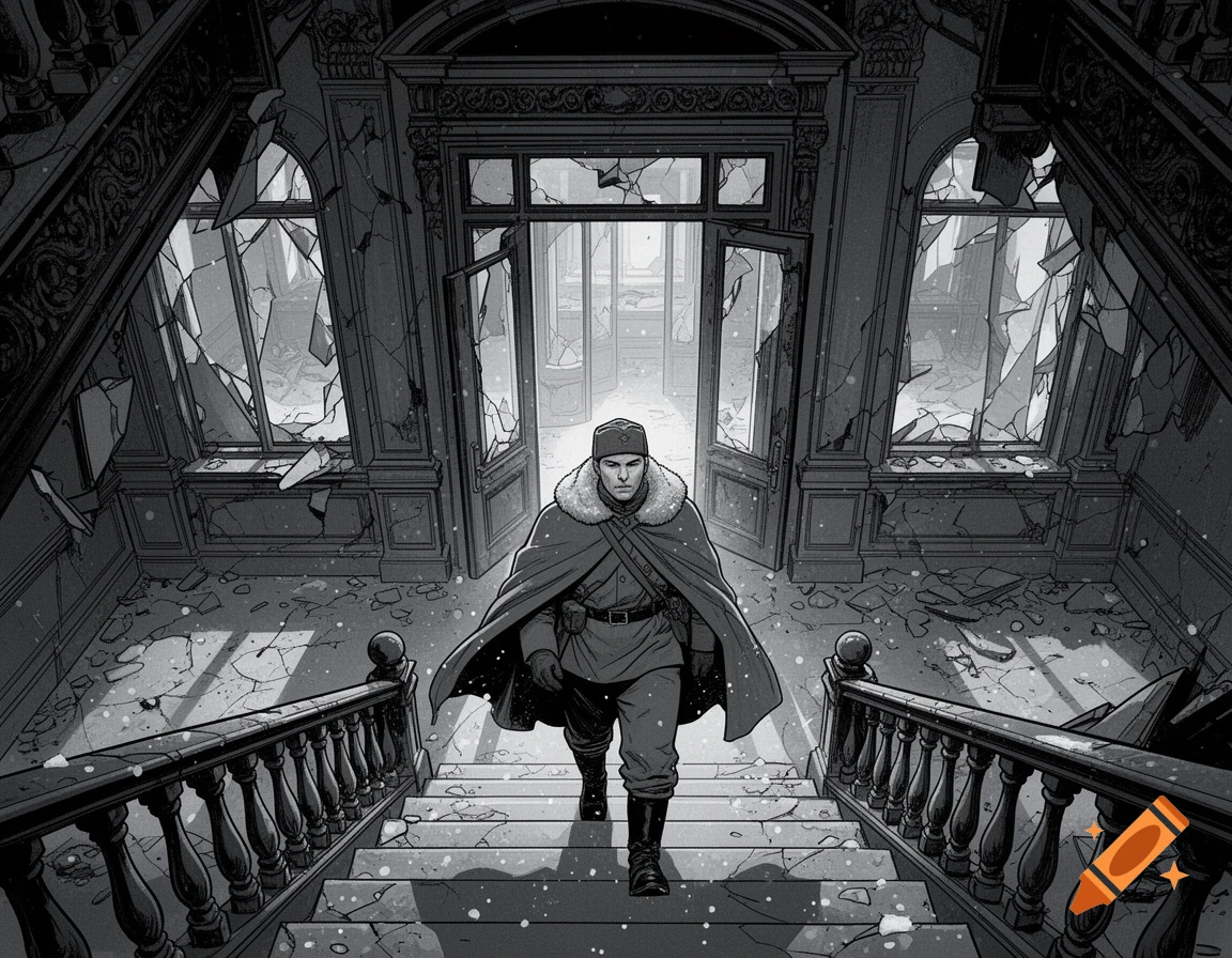A Soviet soldier in a winter uniform descends the snowy stairs of a ruined Victorian building in noir comic style.