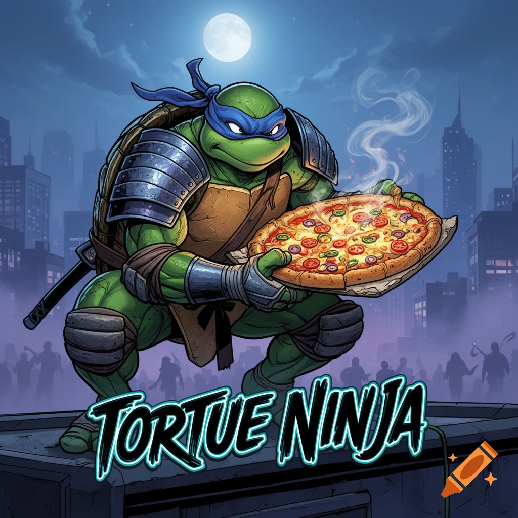 Comic book style image of a Ninja Turtle (Leonardo) crouching on a rooftop, holding a steaming pizza, with a city skyline and full moon in the background. 'TORTUE NINJA' text.