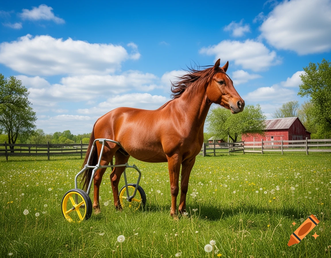 A brown horse with a wheeled support device stands in a grassy field with dandelions under a blue sky, with a red barn in the background.