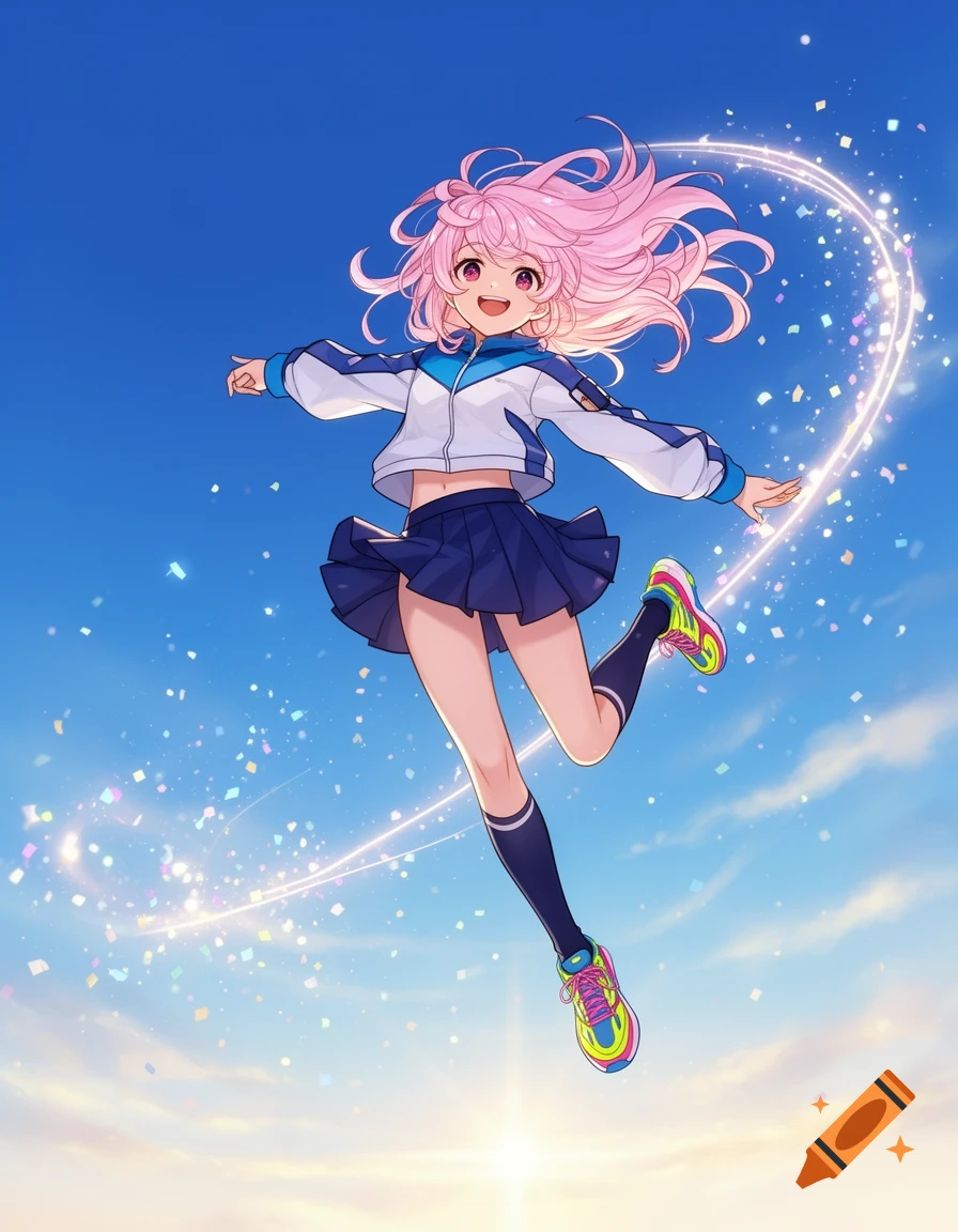 Anime girl with pink hair jumping in a blue sky with sparkling light trails, wearing a white and blue jacket, dark blue skirt, and colorful sneakers.