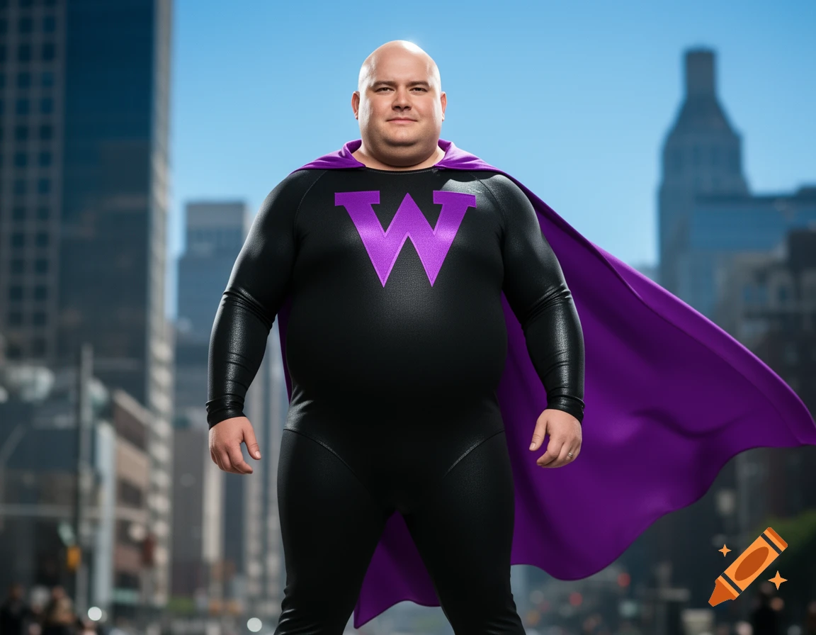 A bald, heavy-set man in a black superhero suit with a purple 'W' on the chest and a purple cape, standing in a city.