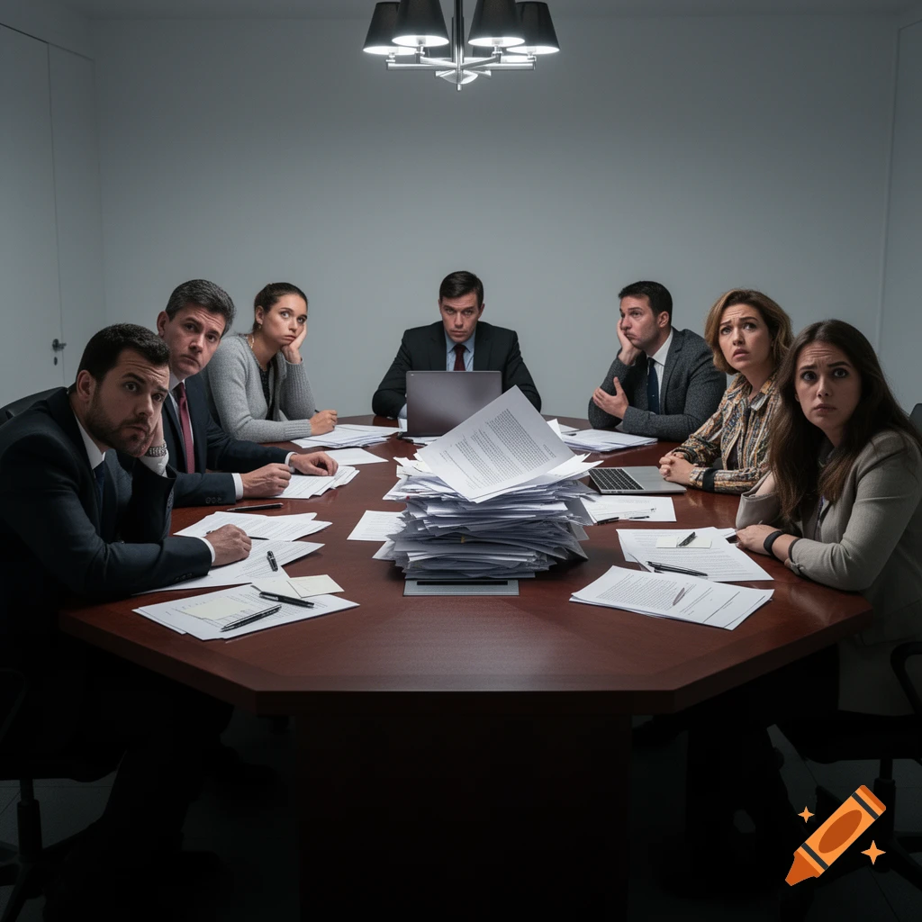Six business professionals, with bored or frustrated expressions, sit around an octagonal table piled with papers in a dimly lit meeting room.