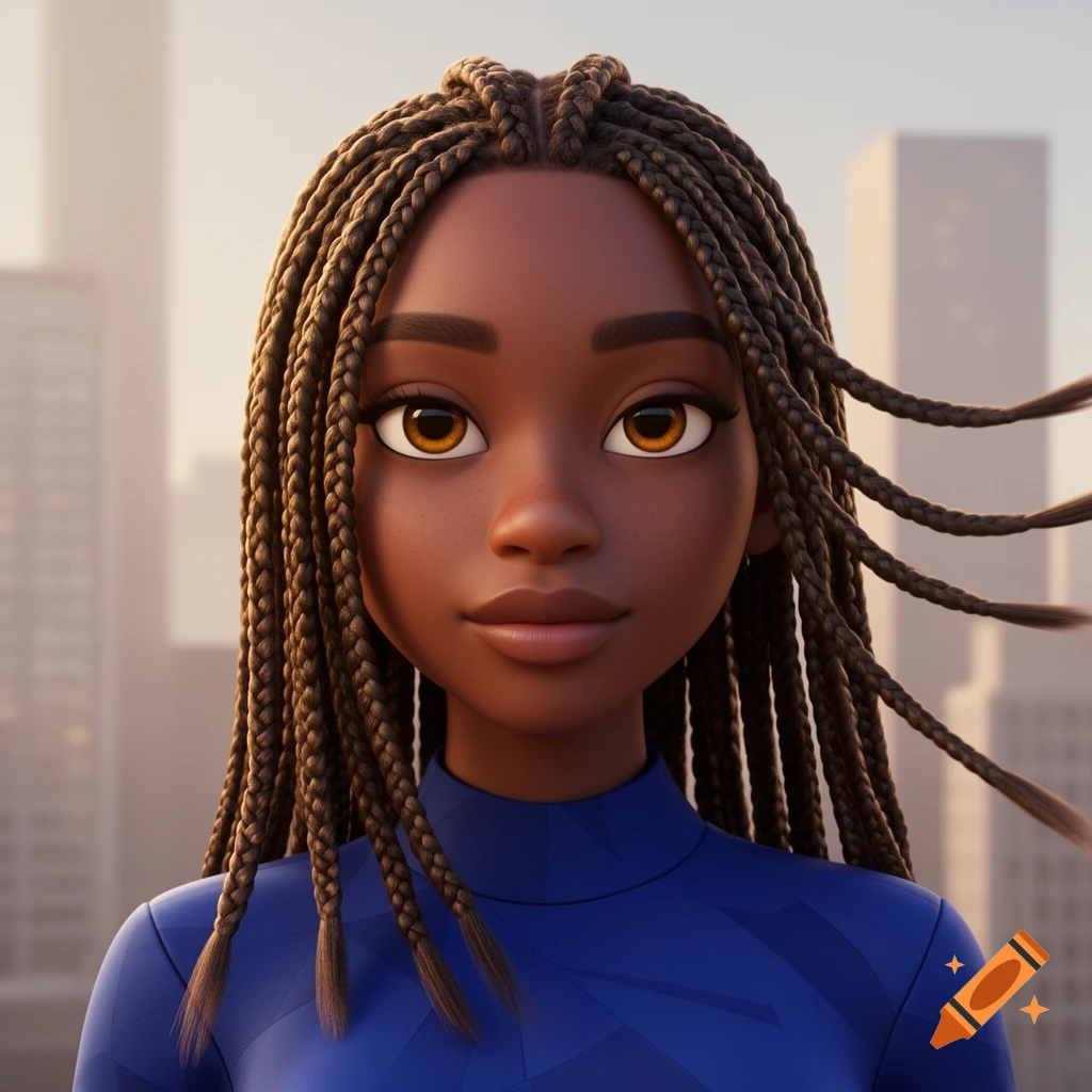 A 3D animation portrait of an African American woman with long box braids, wearing a blue top, against a soft cityscape background.