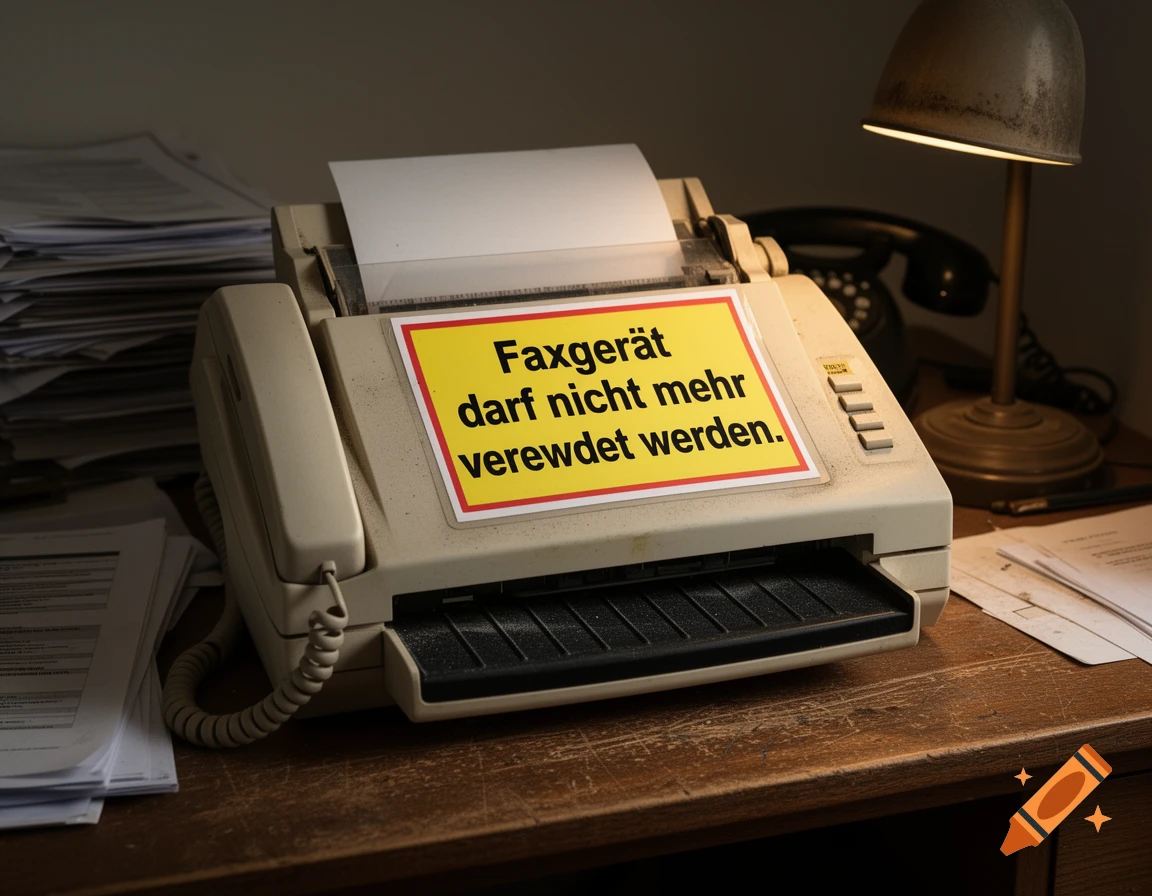 An old, dusty fax machine with a yellow sign on it saying "Faxgerät darf nicht mehr verwendet werden" sits on a wooden desk with papers and a lamp.