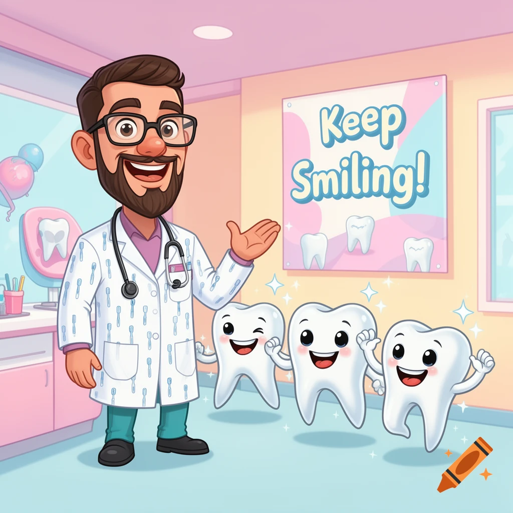 A cartoon dentist with a beard and glasses smiles in an office, gesturing towards three happy, anthropomorphic teeth and a "Keep Smiling!" sign.