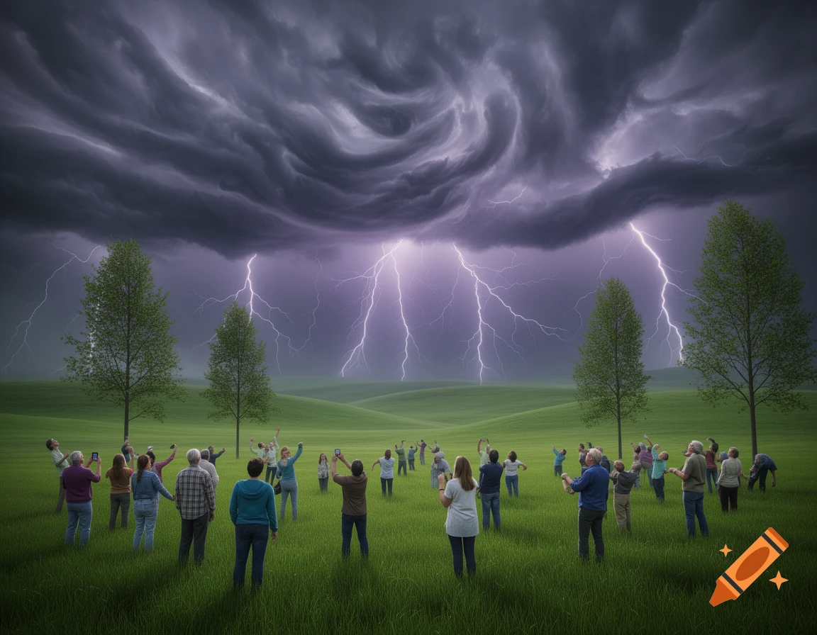 A crowd of people stands in a green field, watching multiple lightning bolts strike under a dark, swirling storm cloud.