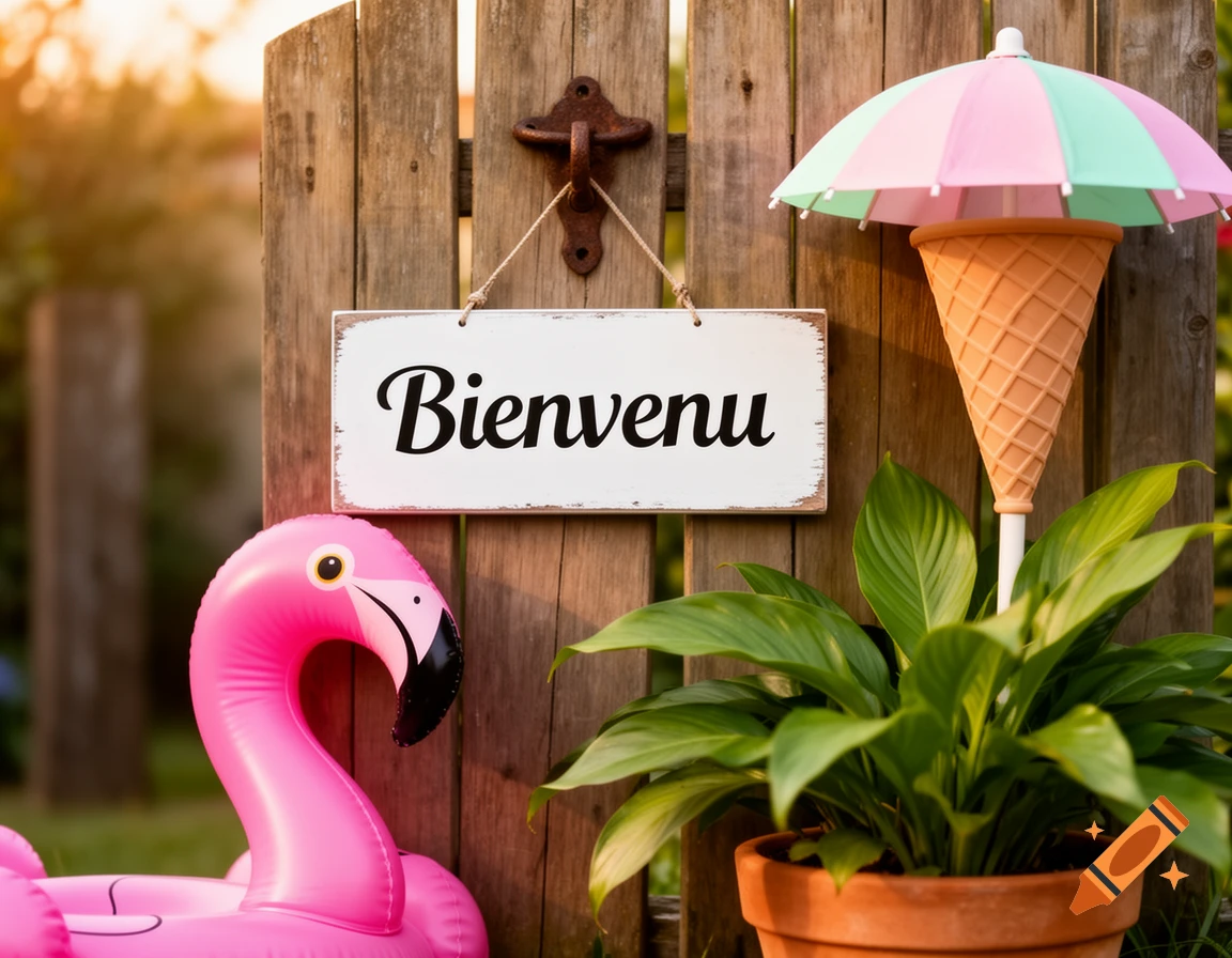 A welcome sign on a wooden fence next to an inflatable pink flamingo, a potted plant, and an ice cream cone umbrella.